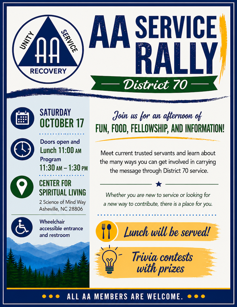 NC District 70 Service Rally, 10/17 11:30-1:30, Ctr for Spritual Living, 2 Science of Mind Way, AVL 28806
