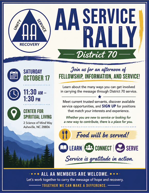 NC District 70 Service Rally, 10/17 11:30-1:30, Ctr for Spritual Living, 2 Science of Mind Way, AVL 28806
