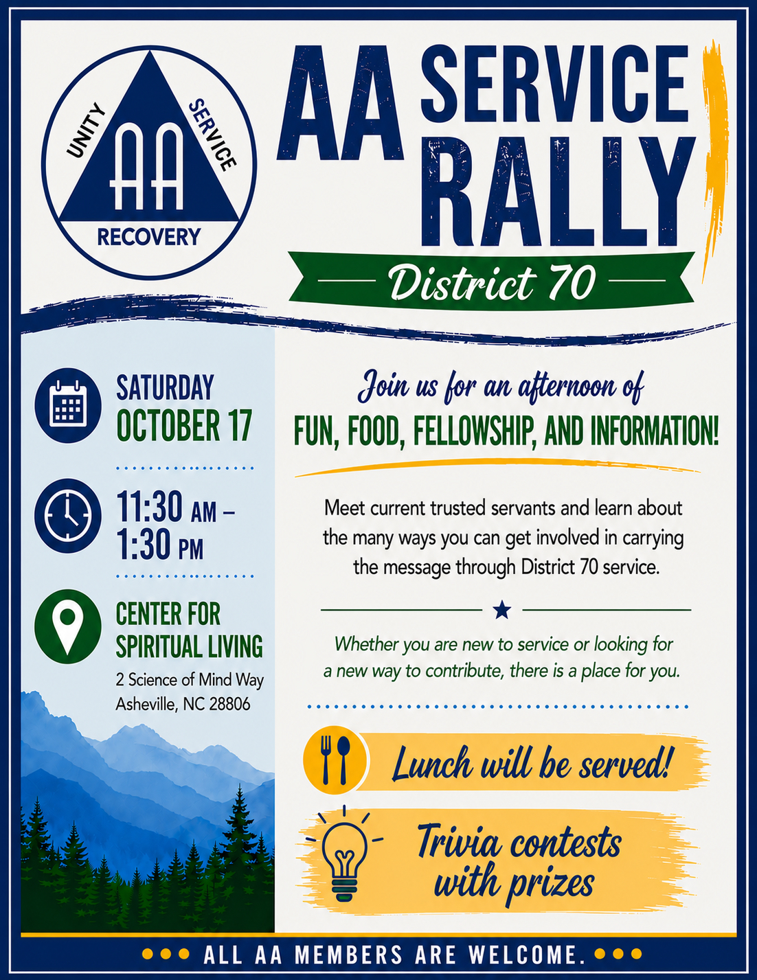 NC District 70 Service Rally, 10/17 11:30-1:30, Ctr for Spritual Living, 2 Science of Mind Way, AVL 28806