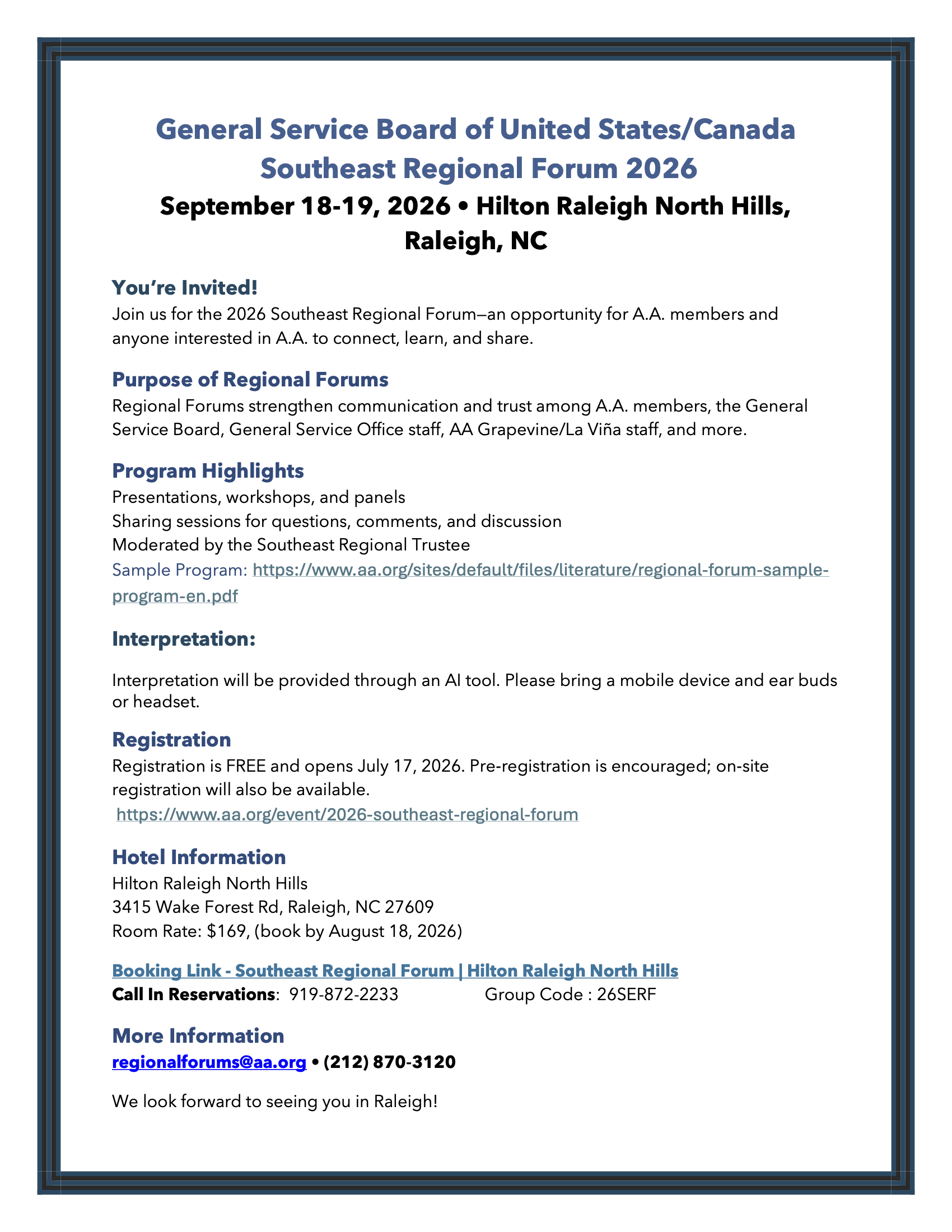 SE Regional Forum, 9/18-18, Hilton Raleigh North Hills