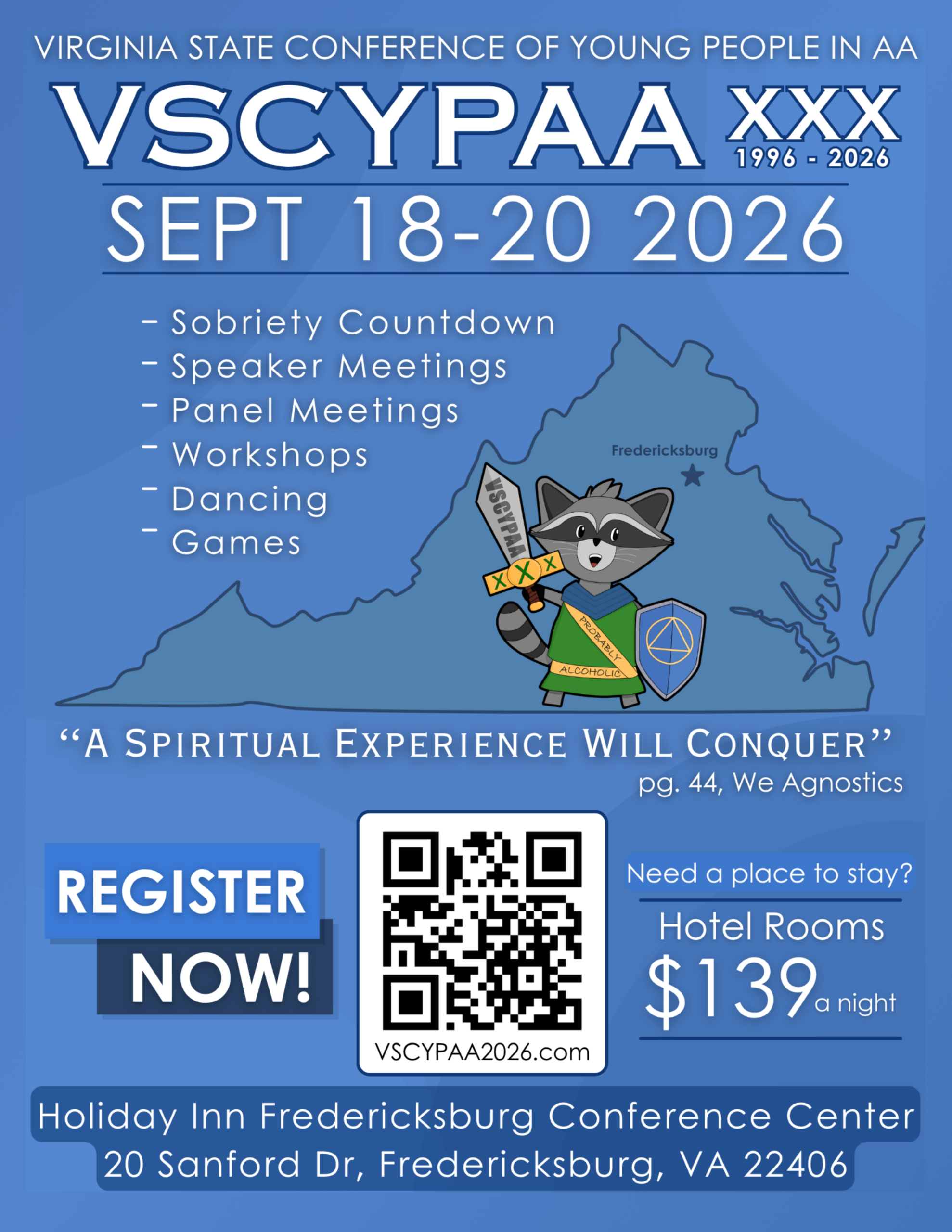 VSCYPAA XXX - "A Spiritual Experience Will Conquer" September 18-20, 2026 Holiday Inn Fredericksburg Conference Center 20 Sanford Dr, Fredericksburg, VA 22406