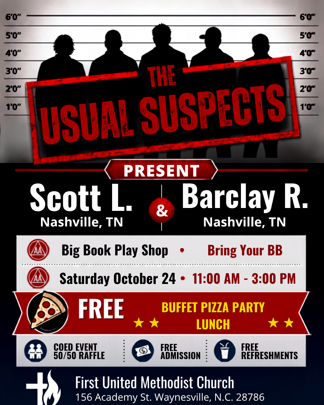 Usual Suspects Waynesville Buffet Pizza Party, October 24, 11 am - 3 PM, 1st UMC Waynesville